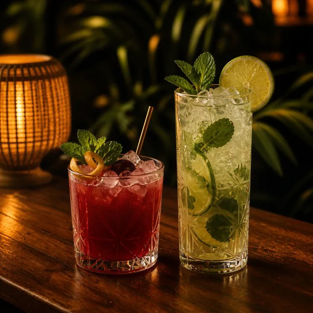 Deux cocktails servis au bar du Duplex dans une ambiance végétale