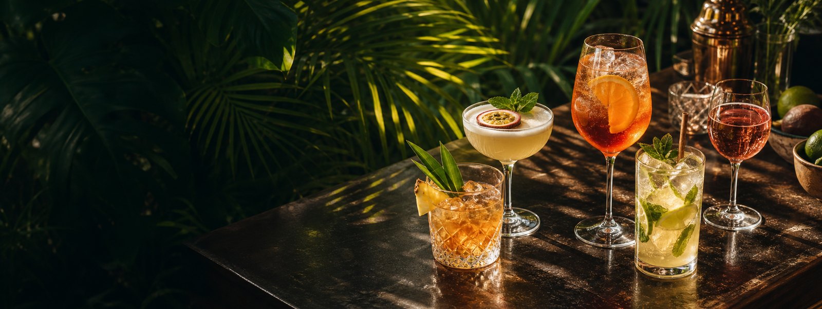 Cocktails tropicaux, aperitif et verre de vin sur le bar du Duplex